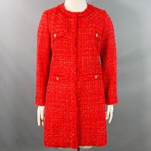 WEILL PARIS Size L Red Acrylic Blend Tweed Hook Eye Collarless Coat